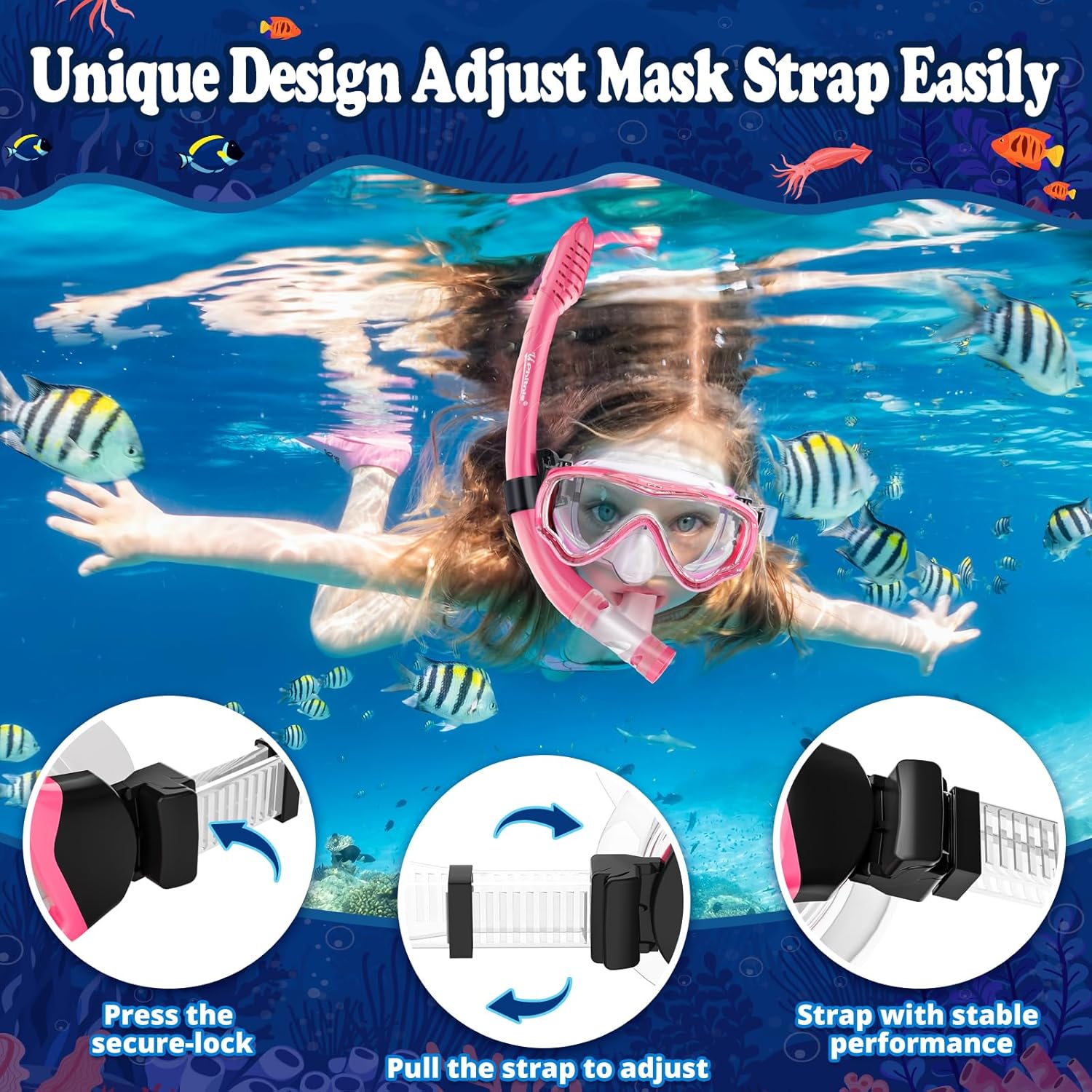Color Pink  Kids Snorkel Set for Age 4-14 - Dry Top Snorkeling Gear for Kids Junior & Youth - Childs Diving Mask with Big Eyes for Boys Girls - Anti-Fog Snorkeling Mask and Snorkel Set